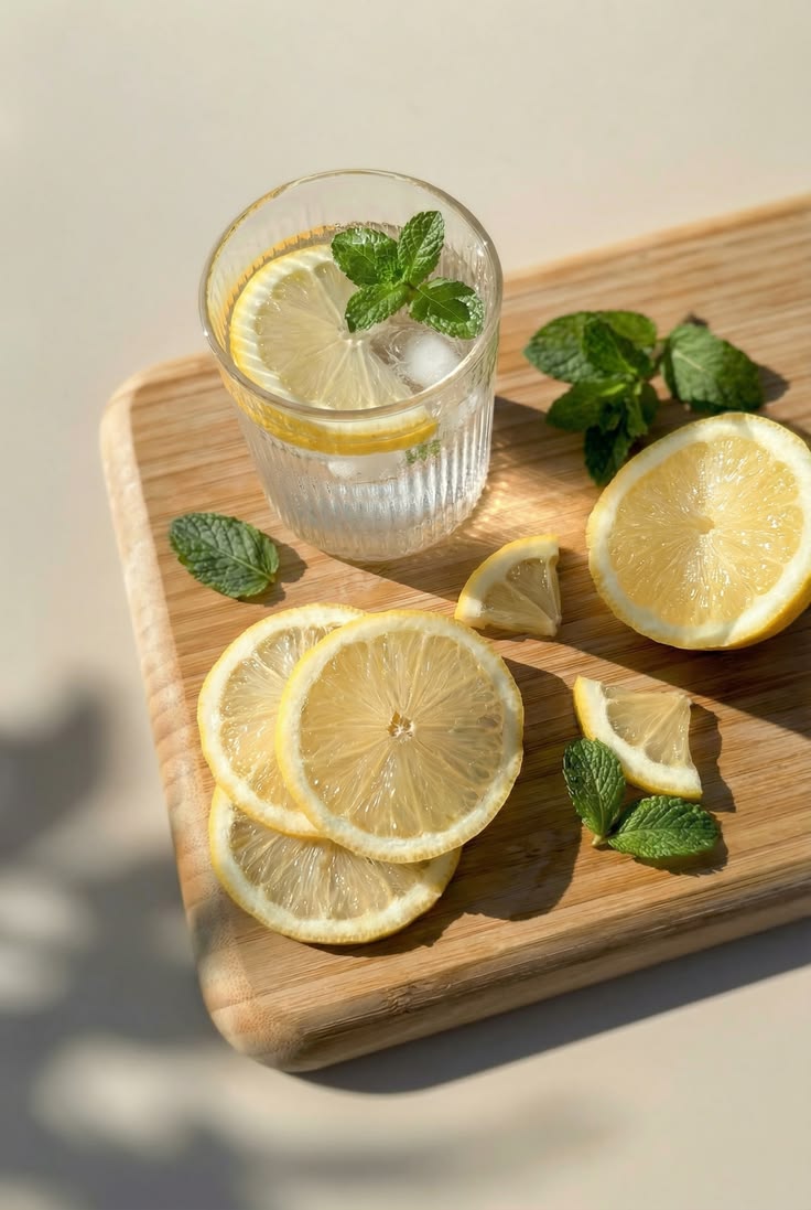 كوب الماء والليمون مع اوراق النعنع